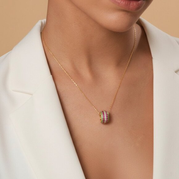 Multicolor Gemstone Pavé Barrel 14K 18Kuponrequest Yellow Gold Pendant Necklace - Picture 3 of 6